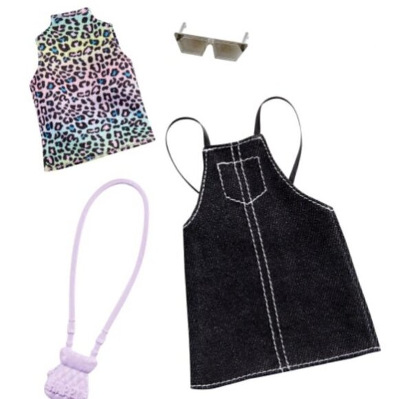 BARBIE CLOTHES BLACK DENIM JUMPER AND ANIMAL PRINT TOP, 2 ACCESSORIES - Picture 1 of 6